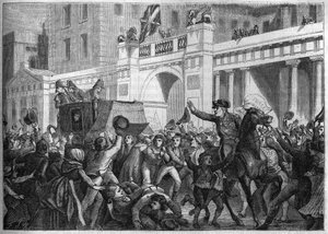 Oberst Alexandre Jacques Bernard Law Marquis de Lauriston wird 1801 vom Volk von London im Triumph transportiert - Alexandre Jacques Bernard Law de Lauriston (1768-1828) französischer General, Botschafter in London, seine Kutsche wird 1801 von den Londoner
