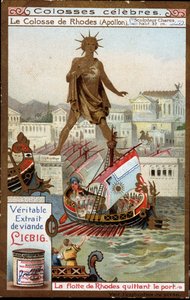 Berühmte Kolosse: der Koloss von Rhodos (Apollo, Helios) (Höhe 32 Meter), der Bildhauer Chares von Lindos (4. Jahrhundert v. Chr.); die Flotte von Rhodos verlässt den Hafen (Griechenland) - Liebig Chromolithographie