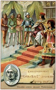Kolumbus (mit gefesselten Händen) vor Ferdinand gebracht - Chromolithographie des 19. Jahrhunderts von Unknown artist