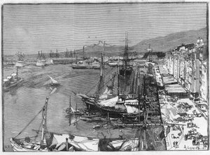 Handelsschiff und Arsenal im Hafen von Toulon (Var), Frankreich. Gravur in „Le Monde Illustré“
