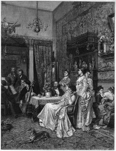 Konzert von Amateuren in einem Künstleratelier. Reproduktion eines Gemäldes von Adrien Moreau (1843-1906), präsentiert im Salon von 1873