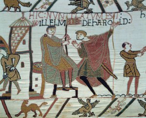 Eroberung Englands durch den Herzog der Normandie Wilhelm den Eroberer (1027-1087) im Jahr 1066: Ein Späher berichtet Wilhelm von den Taten Harolds II bei der Schlacht von Hastings (Detail des Teppichs von Bayeux) von Unknown artist