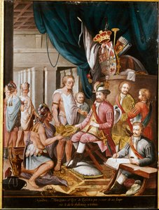 Eroberung Mexikos: Montezuma (oder Moctezuma II), Aztekenkaiser (1466-1520) bietet dem Konquistador Hernán Cortés (1485-1547) Geschenke an und schwört dem Königreich Spanien Treue