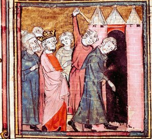 Verschwörung gegen Ludwig den Frommen, Kaiser des Westens, sein Sohn Lothar zwingt ihn zur öffentlichen Buße im Kloster Saint Medard de Soissons im Jahr 833 (Miniatur aus „Grandes Chroniques de France“)