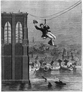 Bau der Brooklyn Bridge in New York: Herr Farrington, Chefmechaniker des Baus, bewegt sich von einem Pfahl zum anderen mit dem ersten gespannten Draht (25. August) von Unknown artist