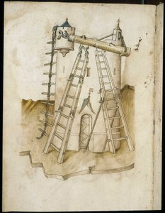 Bauarbeiten - Manuskript: Pergamentblatt eines Ingenieurhandbuchs für den Bau ziviler, religiöser und militärischer Gebäude, anonym, späte 15. Jahrhundert (Figur in chinesischer Tinte)