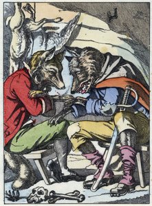 Gespräch zwischen dem Wolf und dem Fuchs. Illustration des Märchens „Compere le Loup, Maitre Renard, Comere la Chevre et ses petits biquets“ nach einer Fabel von Jean de La Fontaine. In „Märchen aus dem Heim für die Kleinen“. Anonyme Gravur des 19. Jahrhun