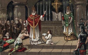 Bekehrung von Widukind vor Karl dem Großen im Jahr 785. Chromolithographie aus dem späten 19. Jahrhundert von Unknown artist