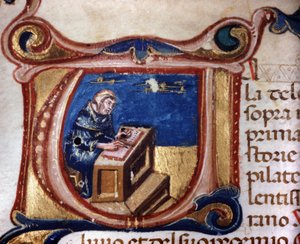 Kopist Mönch. Manuskript aus dem 13. Jahrhundert. Biblioteca Trivulziana, Mailand