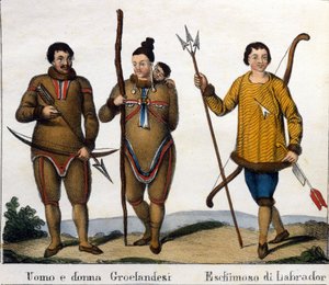 Kostüm. Links: Paar grönländischer Eskimos mit ihrem Kind. Rechts: Labrador-Eskimo. Lithographie Anfang des 19. Jahrhunderts