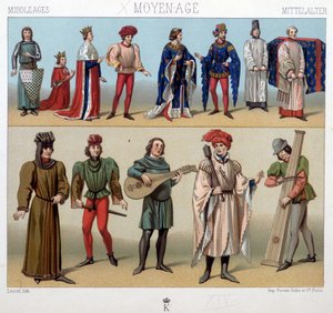 Kostüme und Musiker im Mittelalter vom 13. bis 15. Jahrhundert. In „The historical costume“ von A. Racquet von Unknown artist