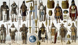 Kostüme, Rüstungen und Waffen barbarischer Krieger von Unknown artist