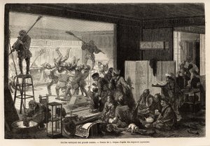 Kulis (Diener) reinigen ein großes Haus für die Neujahrsvorbereitungen, diese Reinigung endet mit freudigen und grotesken Manifestationen: Entfernung desjenigen, der seine Aufgabe schlecht erfüllt hat. Gravur zur Illustration der Reise nach Japan, von Aime