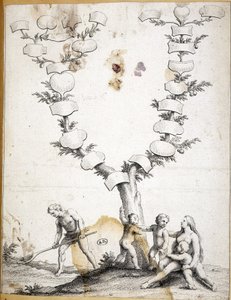 Paar mit Kindern am Fuße eines jungfräulichen Stammbaums - Gravur von Unknown artist