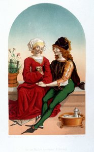 Höfische Liebesszene im Mittelalter. Nachahmung aus dem 19. Jahrhundert von Unknown artist