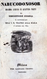 Titelblatt des ersten Librettos von Nabucco von Giuseppe Verdi (1813 - 1901), das ursprünglich Nabucodonosor hieß