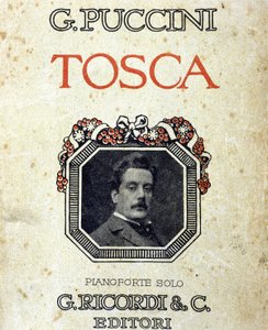 Titelblatt der Partitur „Tosca“ von Giacomo Puccini mit seinem Porträt von Unknown artist