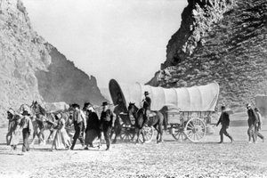 Planwagen und Siedler überqueren den Westen um 1850 von Unknown artist