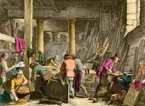 Handwerk: „Werkstatt des Herrn Jadot, Tischler“. Arbeiter bei der Arbeit im 18. Jahrhundert. Gravur des 19. Jahrhunderts. Privatsammlung von Unknown artist
