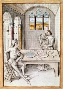 Handwerk: Harfenbauer. Eine Instrumentenwerkstatt. Miniatur aus einem Manuskript von „Die Fabeln von Bidpai“