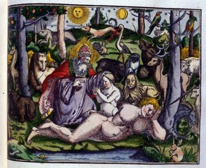 Schöpfung: Gott dargestellt umgeben von Menschen und Tieren (Hund, Kranich, Löwe, Hirsch, Biber, Affe, Einhorn, Wildschwein, Papageien, Kaninchen...), nach Historiae animalium von Konrad Gesner, Tiguri von Unknown artist