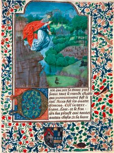 Schöpfung, der siebte Tag: Der Schöpfer fliegt über sein Werk. Landschaft mit Tieren. Miniatur aus dem Stundenbuch der Gräfin von Bretiandos