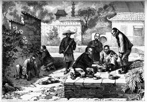 Grillenwettkampf in Peking, China. Gravur in „The Youth Journal“ von Unknown artist