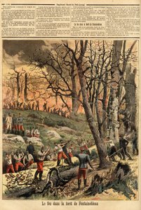 Kriminelles Feuer im Wald von Fontainebleau. Gravur in „Le petit journal“ 22/04/1893. Selva-Sammlung