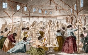 Krinolinenfabriken: Reifen legen. Gravur von 1865. von Unknown artist