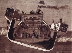 Querschnitt eines von Henry Bessemer (1813-1898) entworfenen Bootes gegen Seekrankheit. Gravur des 19. Jahrhunderts von Unknown artist