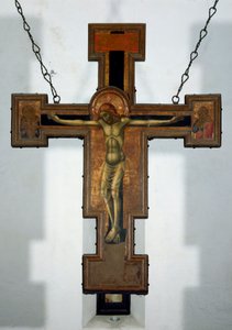 Kreuzigung. Anonyme Holzmalerei auf der Rückseite eines Kreuzes. 15. Jahrhundert Varazze, Cappella del Castello Invrea Italien