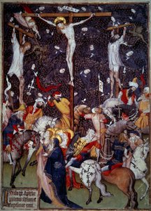 Kreuzigung. Schwarze Engel fliegen um die Körper der Verurteilten. Römer zu Pferd drehen sich um das Kreuz, um die Szene zu betrachten. von Unknown artist
