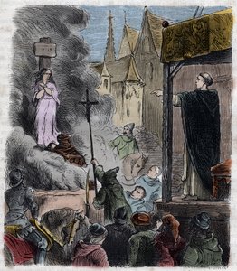 Kreuzzug gegen die Albigenser - Ketzer lebendig verbrannt: Katharer auf dem Scheiterhaufen zur Zeit des Kreuzzugs gegen die Albigenser in Frankreich im 13. Jahrhundert - Gravur von 1879 in „Histoire des sociétés secrètes, politiques et religieuses“ von Pie