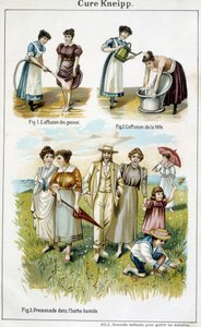 Kneipp-Kur: Knieguss, Kopfguss, Spaziergang im nassen Gras - in „Bilz, Naturheilkunde“, Ende des 19. Jahrhunderts von Unknown artist