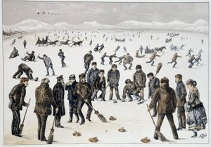 Curling auf einem zugefrorenen See in der Nähe von Halifax, Nova Scotia - in Sketches of canadian sports and pastimes von Lieut. Henry Buckton Laurence von Unknown artist