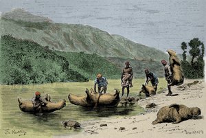 Bräuche und Transportmethoden: Häute von aufgeblasenen Tieren, die zum Überqueren von Flüssen verwendet werden. Gravur aus dem 19. Jahrhundert von Unknown artist