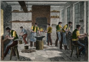 Besteckwerkstatt in Frankreich im 19. Jahrhundert. Gravur von 1885 in „Les arts et métiers illustrés“ von Adolphe Bitard.