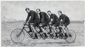 Radfahrer auf einem Fahrrad namens „Quadruplette Gladiator“. Stich in „La Nature“ von Unknown artist
