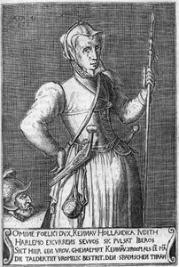 Dame Kenau Simonsdochter Hasselaer (1526-1588), die Heldin von Haarlem (Holland) während des Kampfes gegen die Spanier im Jahr 1572. Gravur des 17. Jahrhunderts, vergleichbar mit Judith von Holofernes von Unknown artist