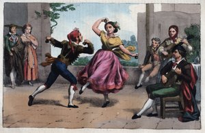 Tanz des Bolero und Kostüme von Granada - Bolero-Tanz und Kostüme von Granada - Gravur aus „Usi e Costumi di Tutti i Popoli dell