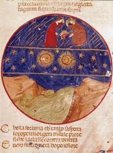 Dante und Beatrice blicken vom Himmel auf die Erde und die Sterne. Illustrierte Seite aus einem Gesang des Paradieses der „Divina Commedia“ von Dante Alighieri (1265-1321). 14. Jahrhundert, Venedig, Biblioteca Marciana von Unknown artist