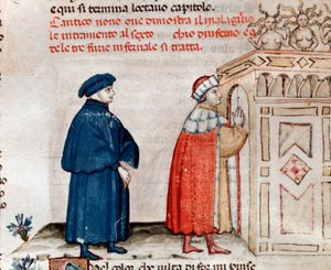 Dante und Virgil am Tor von Dite, bewacht von den Furien (Gesang 9 aus der Hölle, in der Göttlichen Komödie) (Miniatur, 15. Jahrhundert)