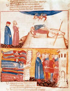 Dante und Virgil treffen die Seelen der gewaltsam Verstorbenen. Illustrierte Seite aus einem Gesang des Antipurgatoriums aus der „Göttlichen Komödie“ von Dante Alighieri