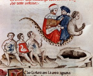 Dante und Virgil reiten auf Geryons Rücken (Gesang 17 aus der Hölle, in der Göttlichen Komödie) - Miniatur 15. Jahrhundert