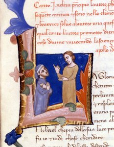 Dante wird von Beatrice am Eingang zum Paradies begrüßt. (Initiale „L“) Manuskript der Divina Commedia (Göttliche Komödie) aus dem 14. Jahrhundert Mailand, Biblioteca Trivulziana
