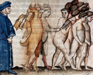 Dante trifft Venedico Caccianemico im Kreis der Zuhälter (Gesang 18 der Hölle, in der Göttlichen Komödie) - Miniatur 15. Jahrhundert