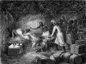 David Livingstone starb 1873 an Dysenterie im Dorf Tchitammbo - „Livingstones letzte Reise 1866-1873“ in „Tour du Monde“, 2. Halbjahr 1875 von Unknown artist