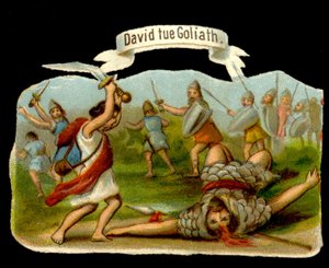 David und Goliath: David tötet Goliath mit seinem Schwert. Chromolithographie aus dem 19. Jahrhundert von Unknown artist