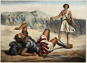 David als Sieger über Goliath. Anonyme Gravur aus der Mitte des 19. Jahrhunderts.
