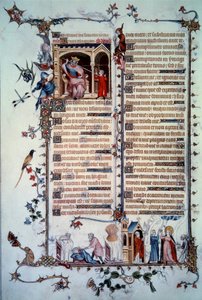 David wird von Saul bedroht. Allegorie der Gier. Sakrament der Kommunion. Allegorie der Nächstenliebe. Miniatur aus dem Psalter „Breviaire de Belleville“ von Unknown artist